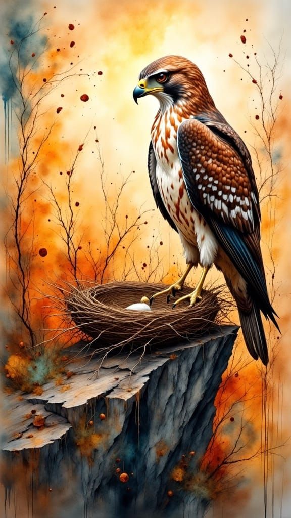 Surreal Watercolour Scene of Red Tail Hawk on Cliff at Golde...