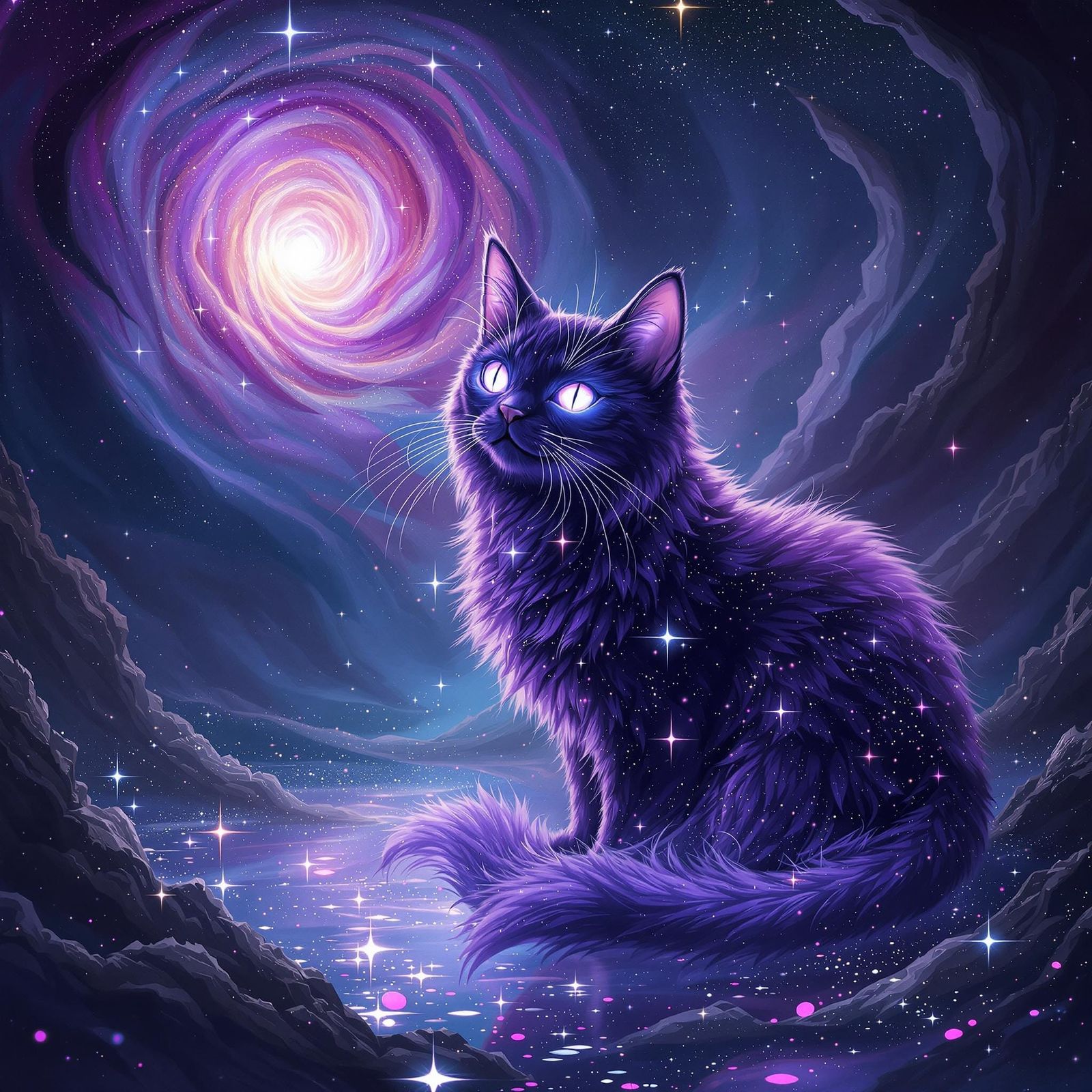 Mystical Cat with Cosmic Dragon in Digital Art