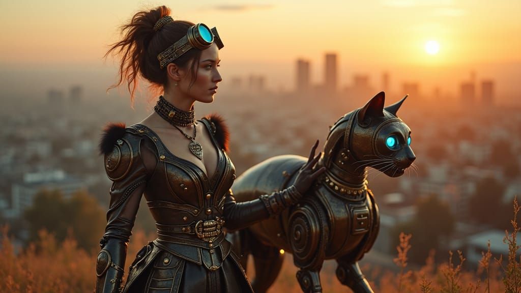 Steampunk Woman Walks Robot Cat in Los Angeles