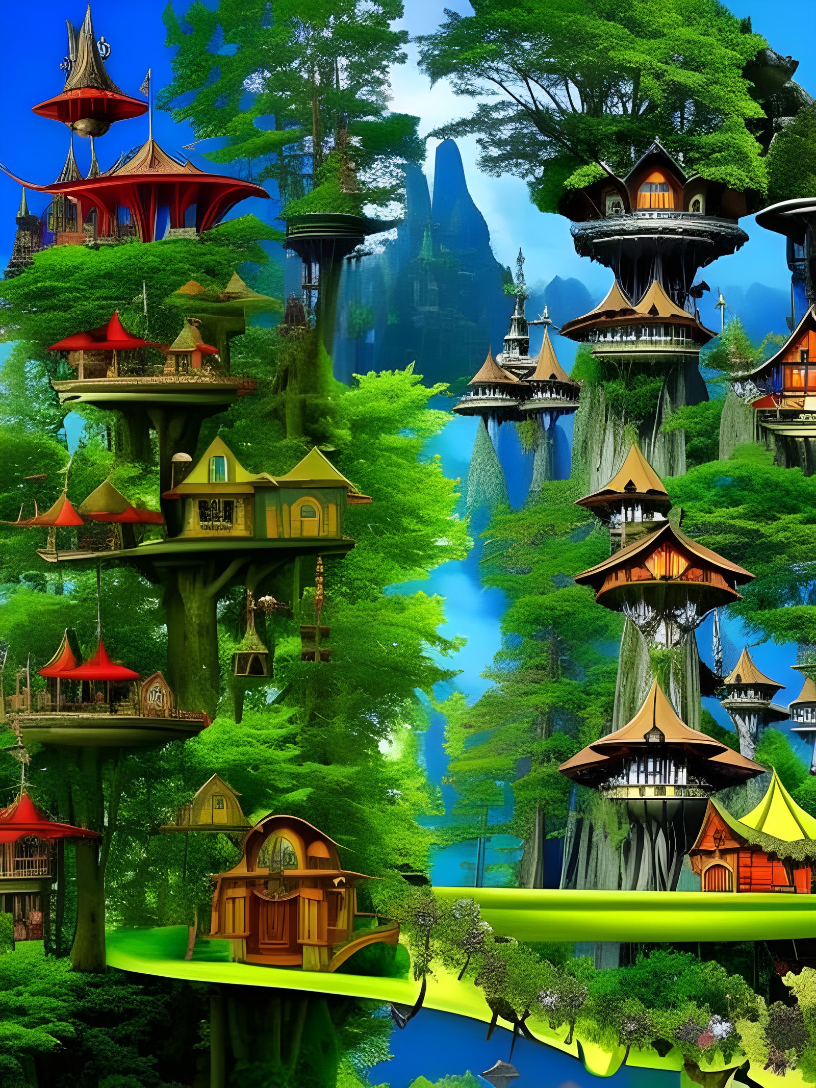 Colorful Collage of Elven Treehouse City