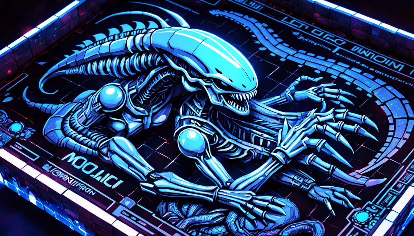 Biomechanical Xenomorph Pursues in Retro-Futuristic Mosaic S...