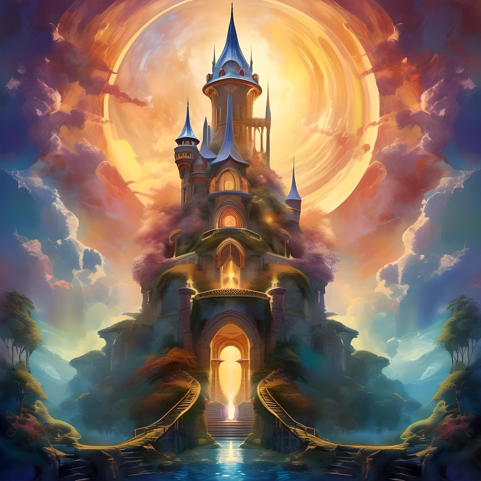 Magical Wizard's Tower in Watercolor Fantasy Landscape
