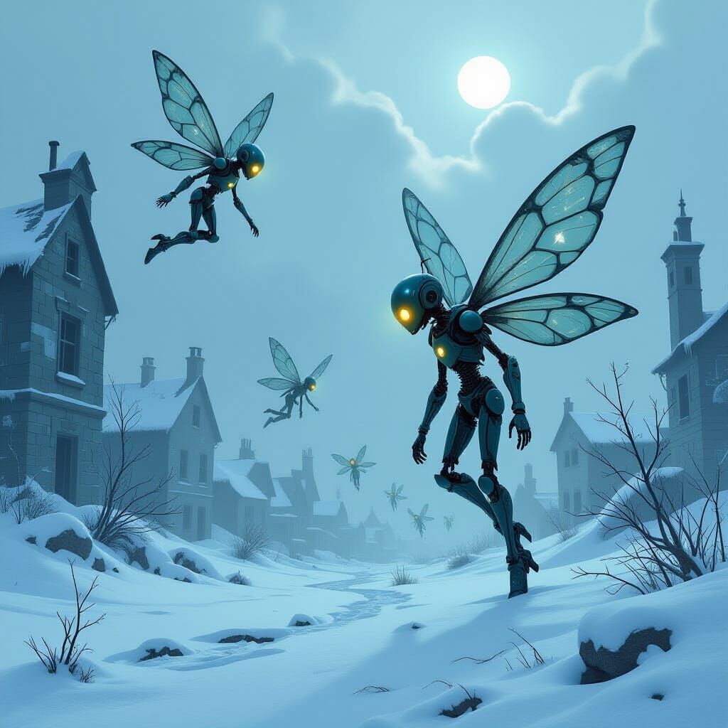 Robot Fairies in Post-Apocalyptic Winter Landscape