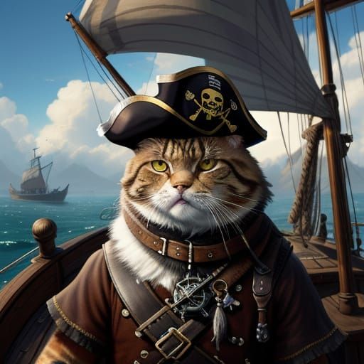 Grumpy Pirate Cat on Ship in Fantasy Art Style