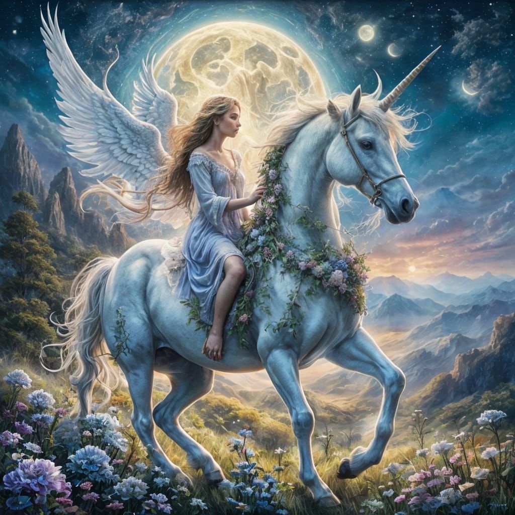 Ethereal Fantasy Scene with Unicorn and Moonlight