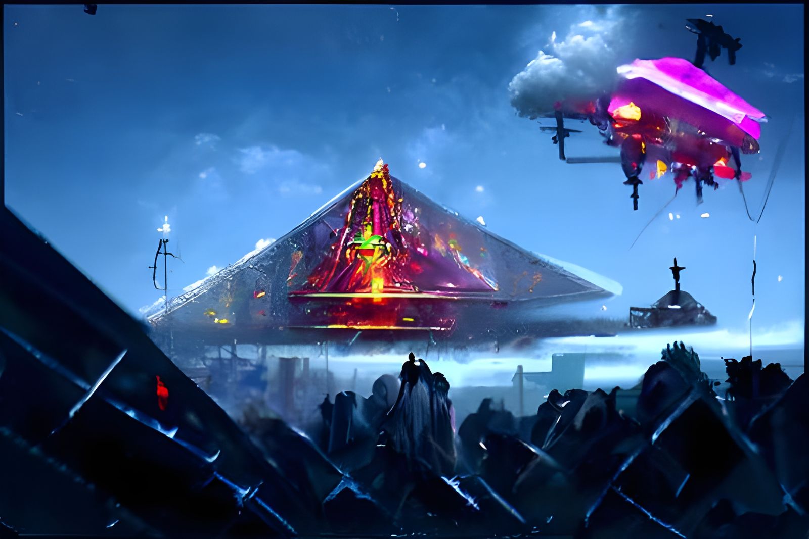 The crystal ship  - Pyramid spaceships landing 8k resolution holographic astral cosmic illustration mixed media by Pablo...