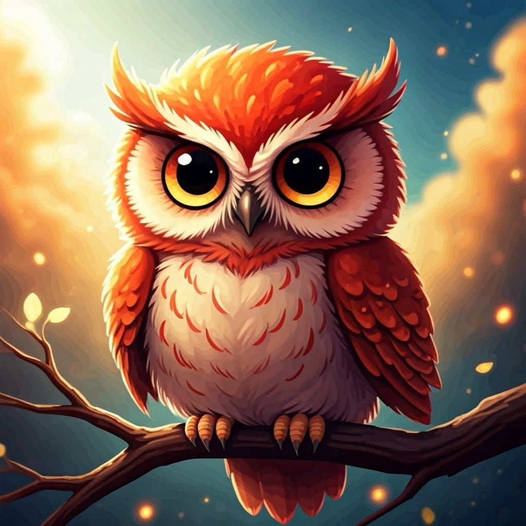 A chubby, endearing chibi red fire owl with oversized, shimmering eyes and a wild shock of fiery plumage...