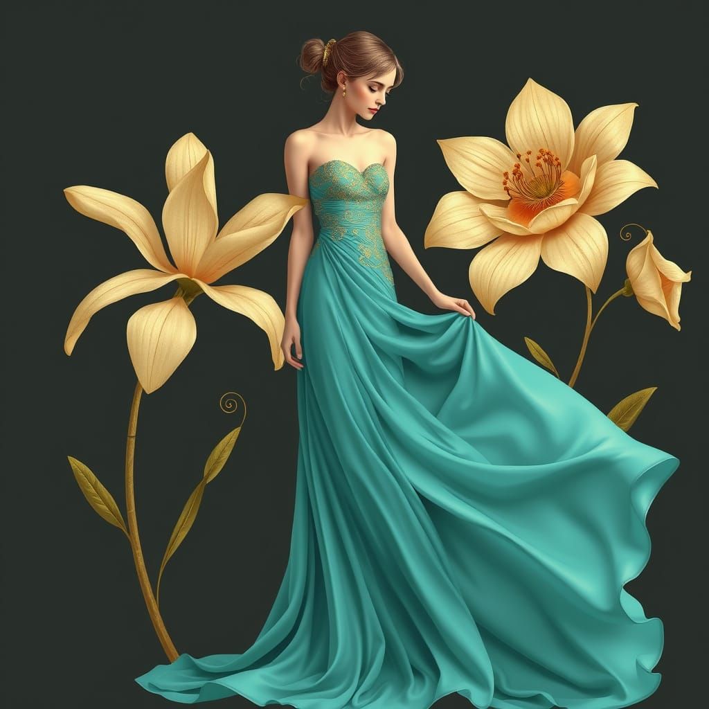 Ethereal Girl in Turquoise Evening Gown, Art Nouveau Style
