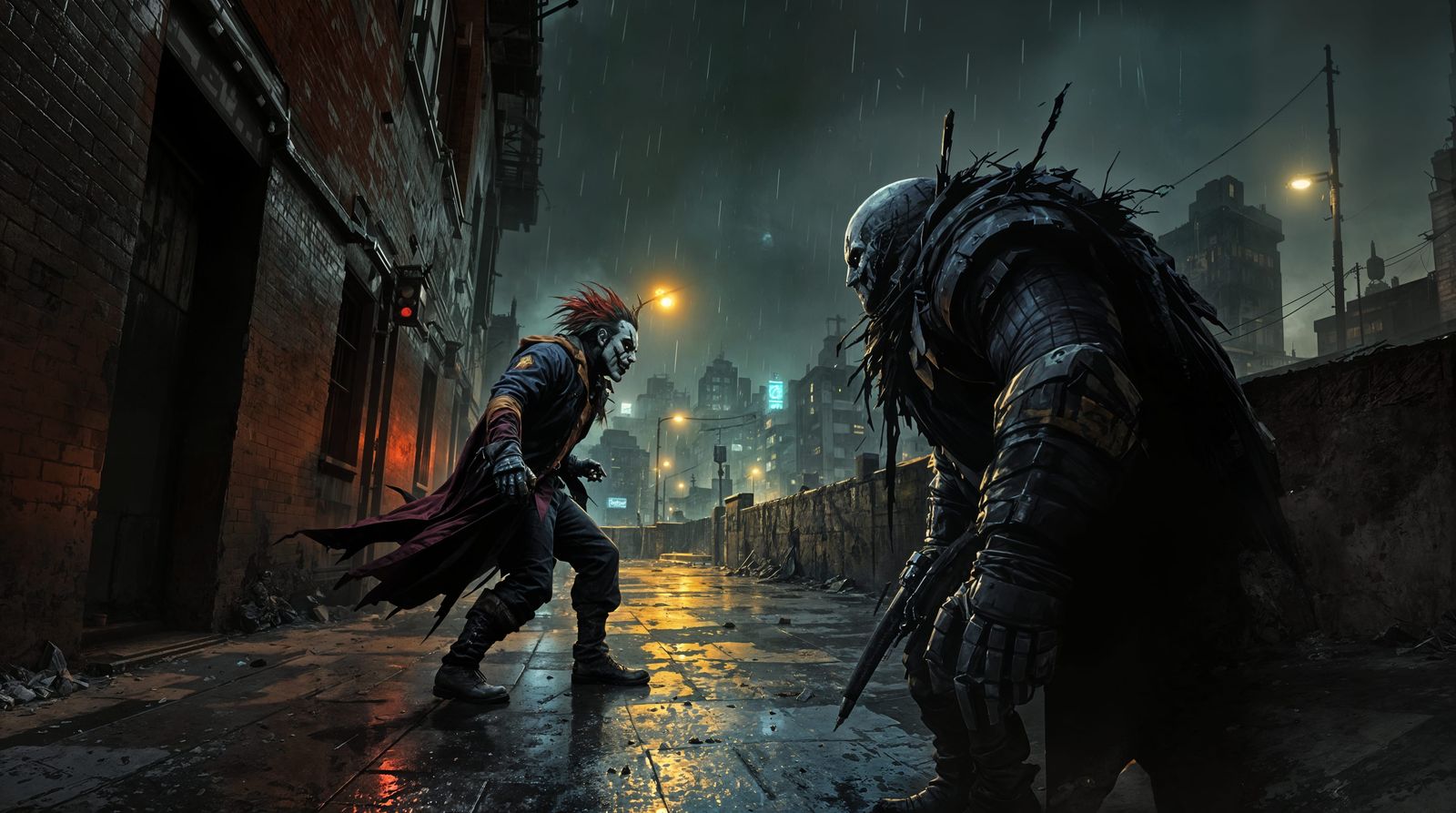 Gritty Urban Confrontation in Dark Red and Grey