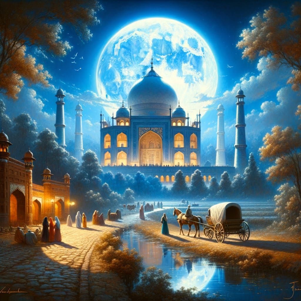 Taj Mahal Under Blue Moon in Romanticism Style