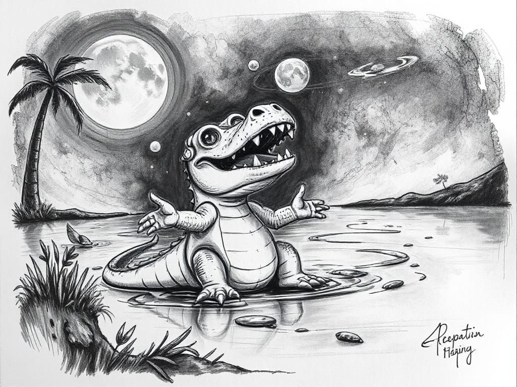 Steampunk Alligator Sings on Space Riverside in Charcoal