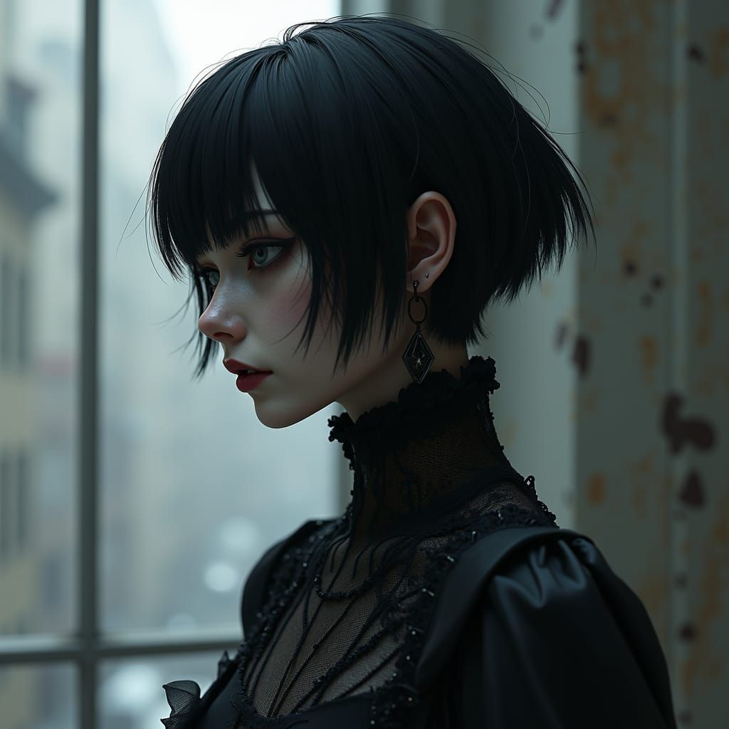 Dystopian Gothic Widow in Anime Style