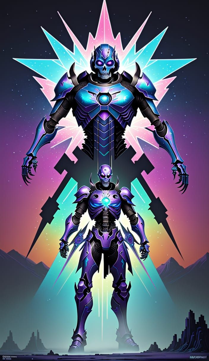 Skeleton Warrior in Candy Landscape, Synthwave Art