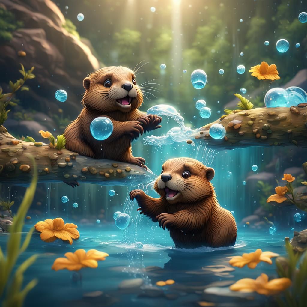 Animated Baby Beavers Playing: 3D Cartoon Art