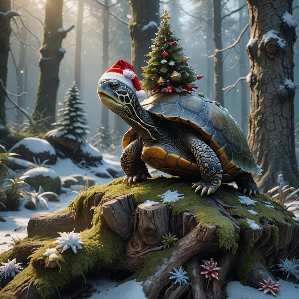 Festive Turtle in Snowy Forest: Matte Painting