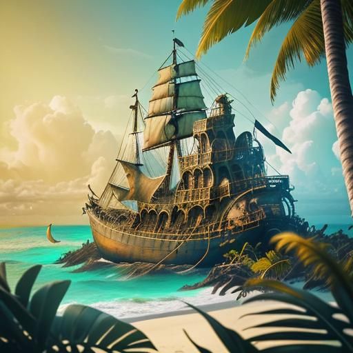 Surreal Tropical Scene with Astrolabe and Sculpture