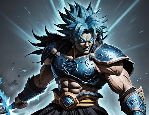 Broly as blue hair barbarian in all black clothes. And power...