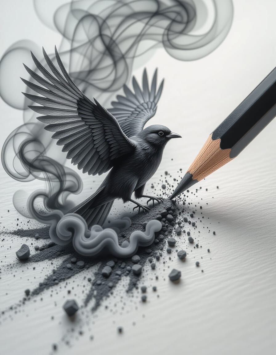 Charcoal Pencil Sketch Becomes Bird in Flight