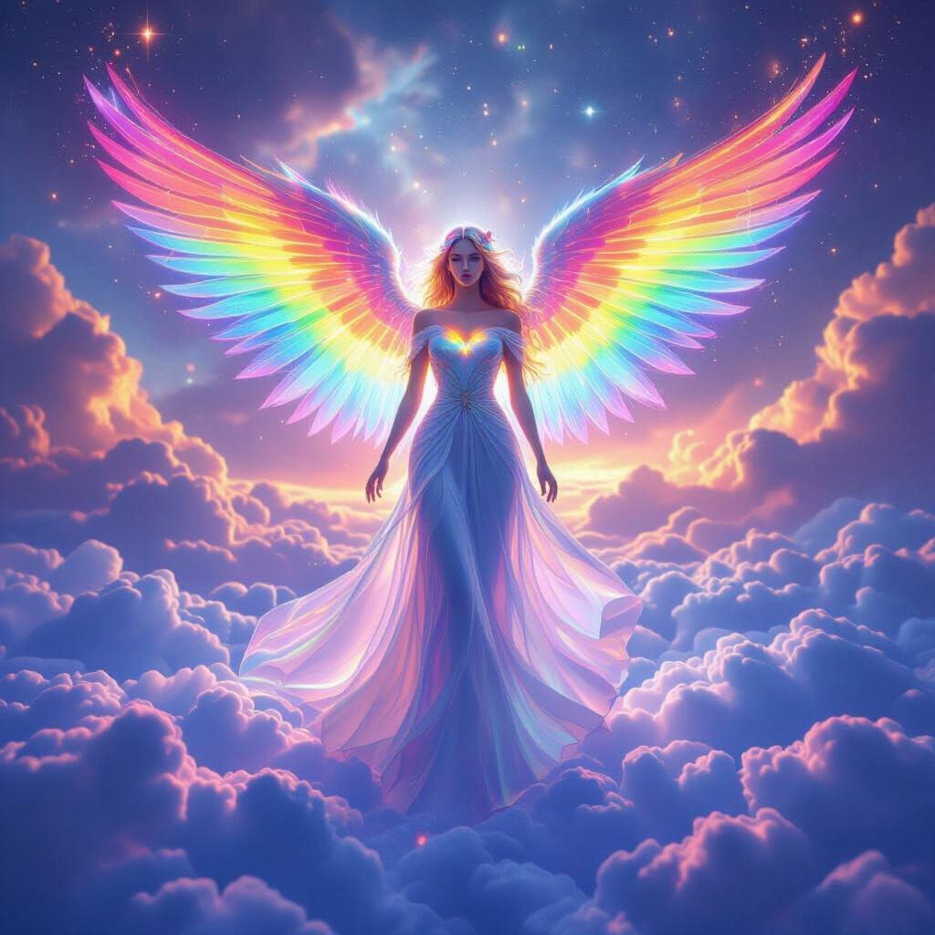 Rainbow Goddess Angel on Blue Clouds in Hyper-Surreal Style