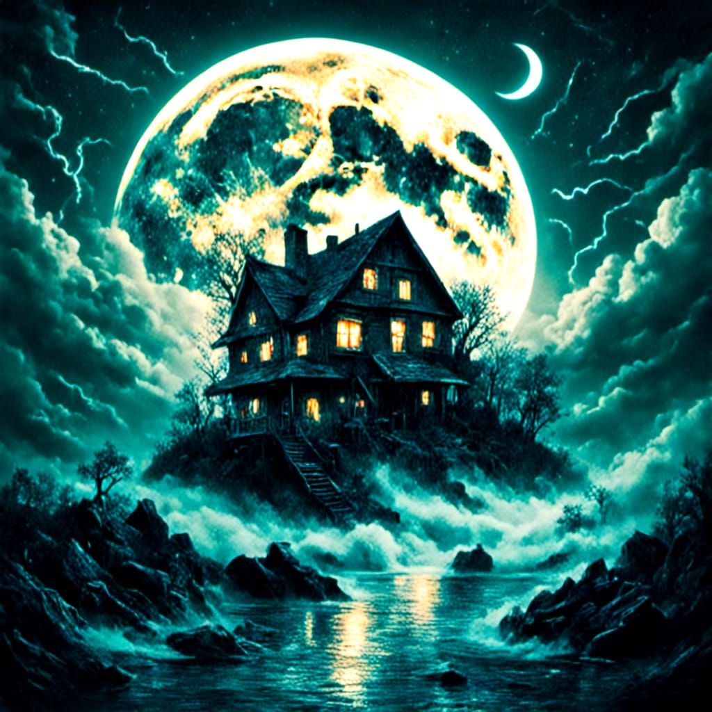 Moonlit Cottage by River with Thunder Clouds