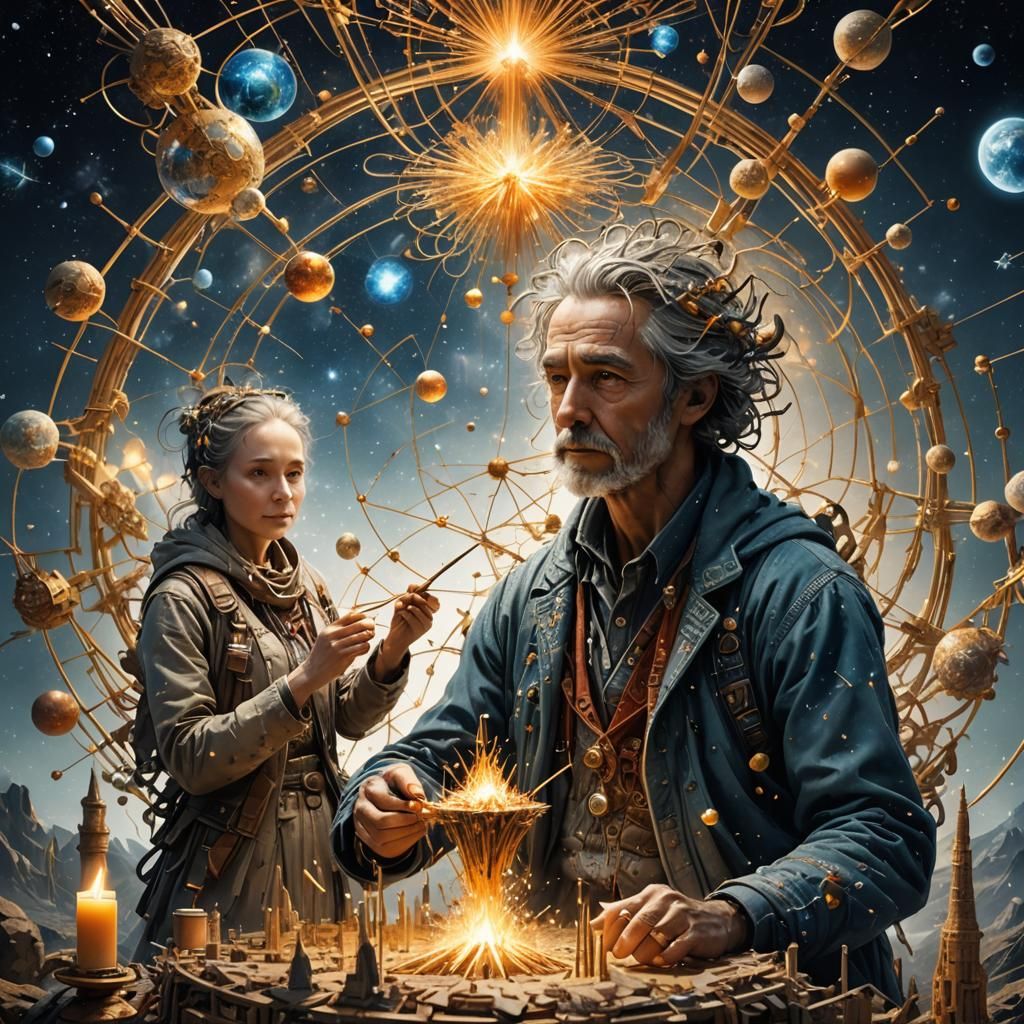 Intricate Cosmic Porcelain Structure in Gouache Style