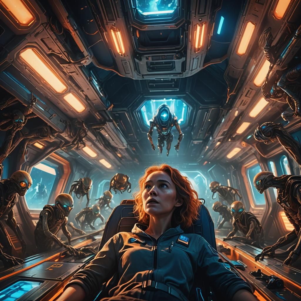 Frightened Woman and Aliens in Spaceship Concept Art