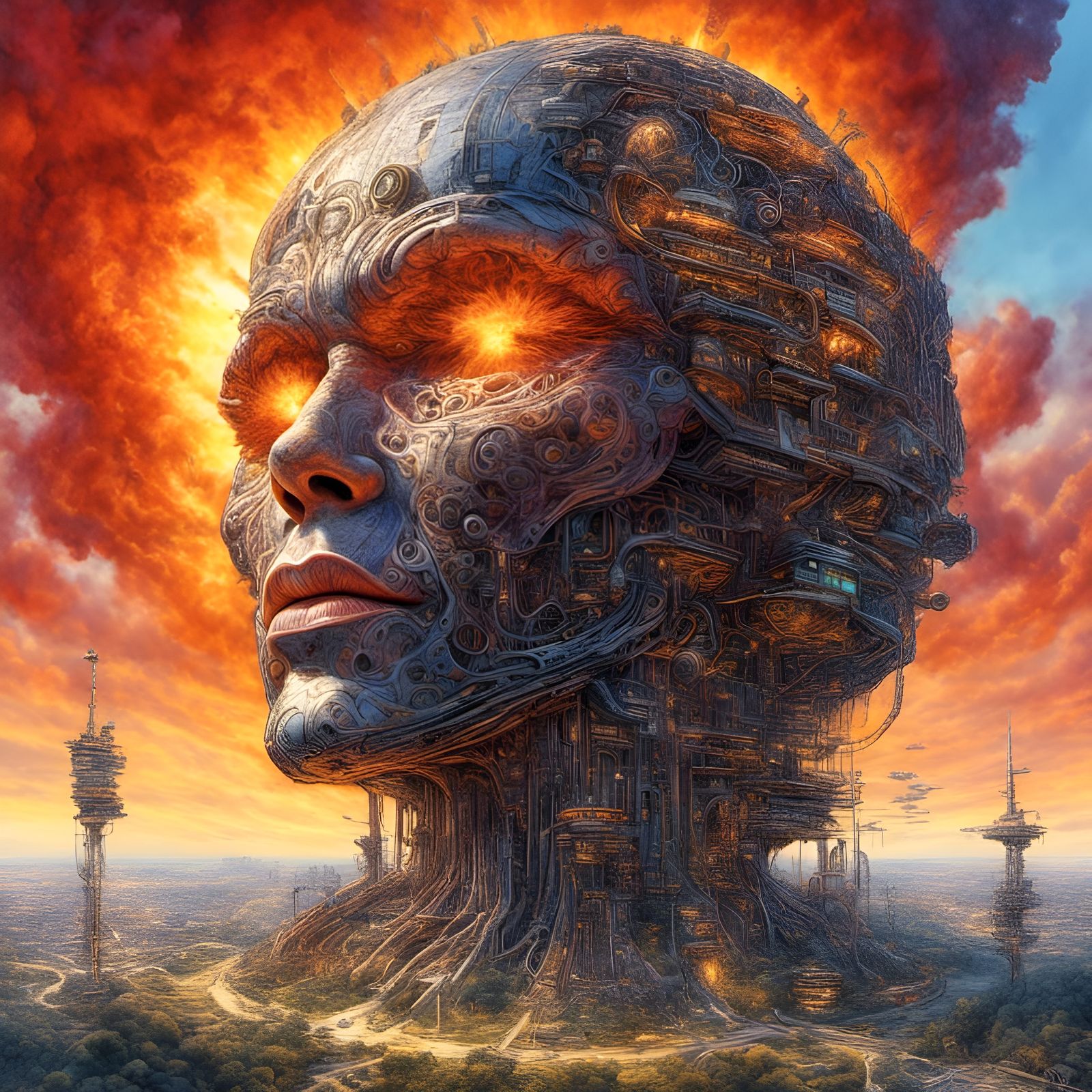 Fiery Mechanical Face of Singularity in Surreal 3D