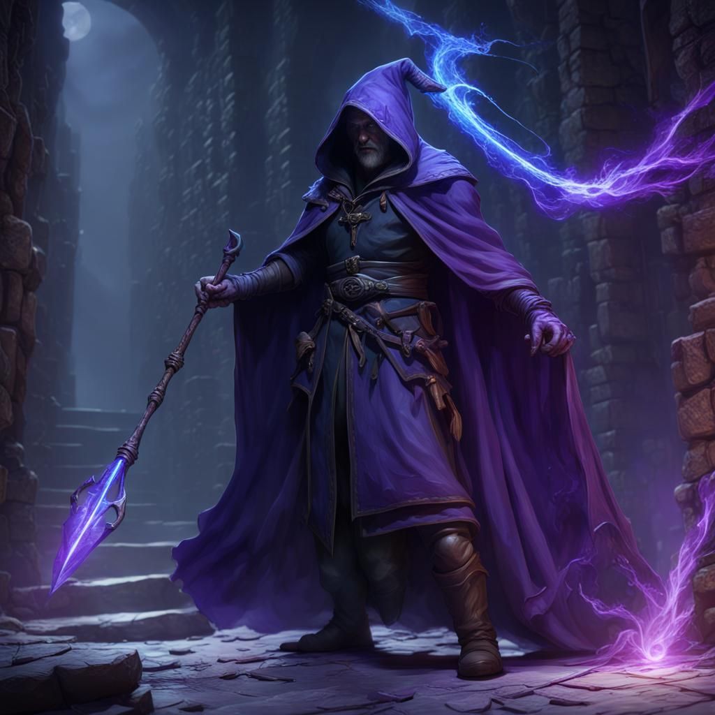 Sorcerer Casting Spell in Dark Dungeon, Hyperdetailed Art