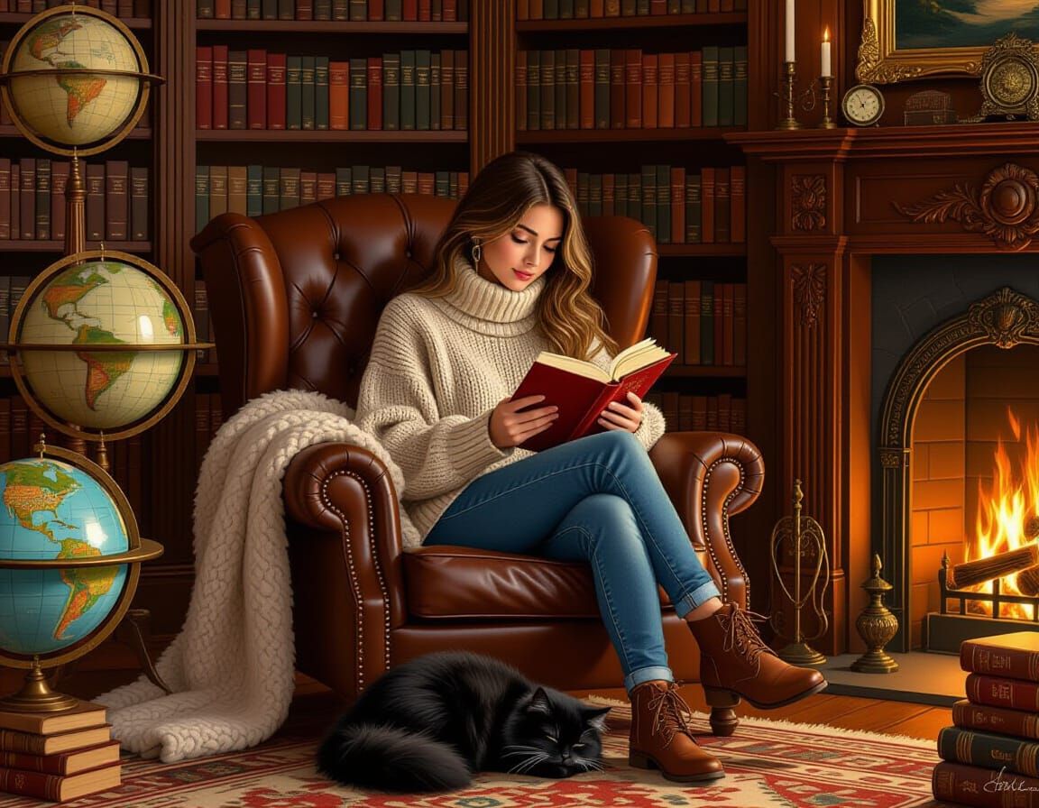 Cozy Library Scene with Reader in Digital Painting Style