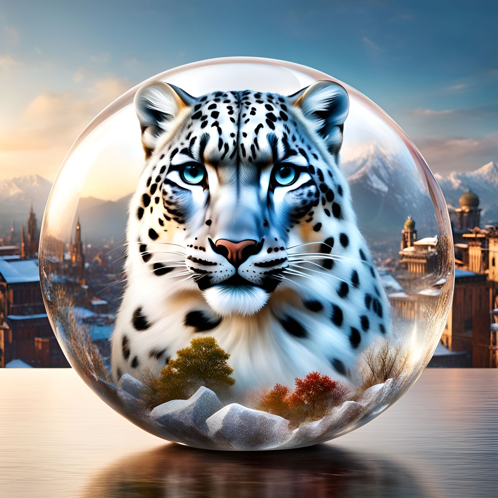 Himalayan Snow Leopard in 3D Crystal Bubble