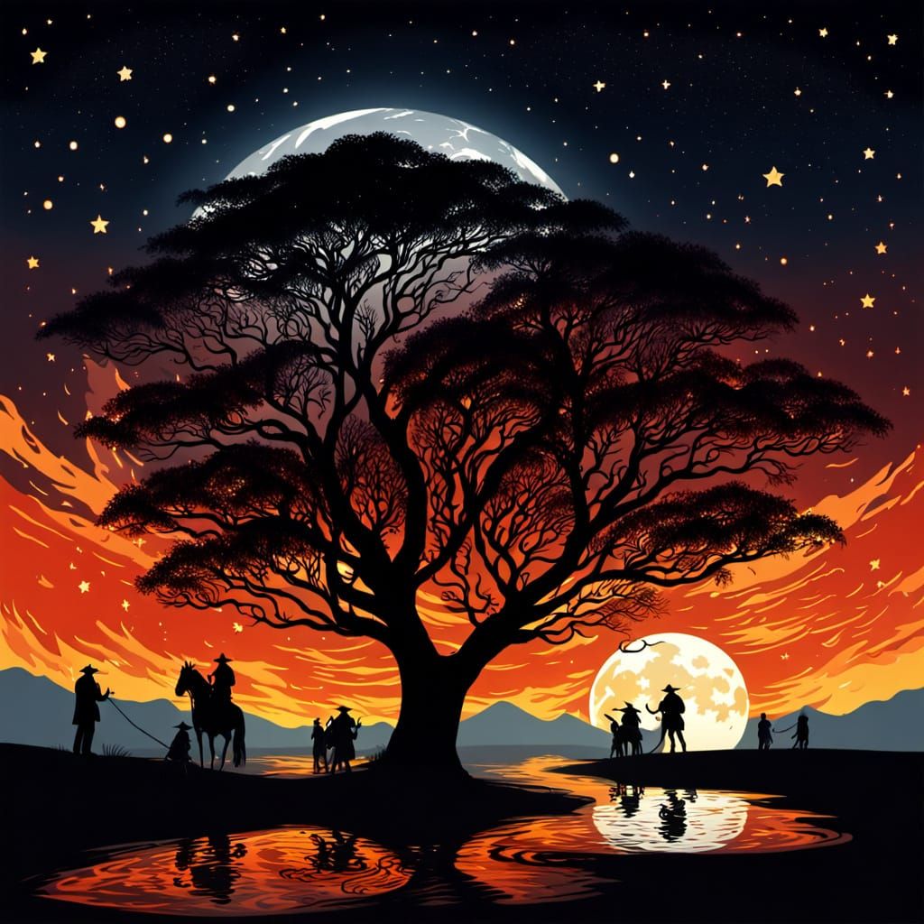 Ethereal Dance of Fiery Silhouettes Under Lunar Glow