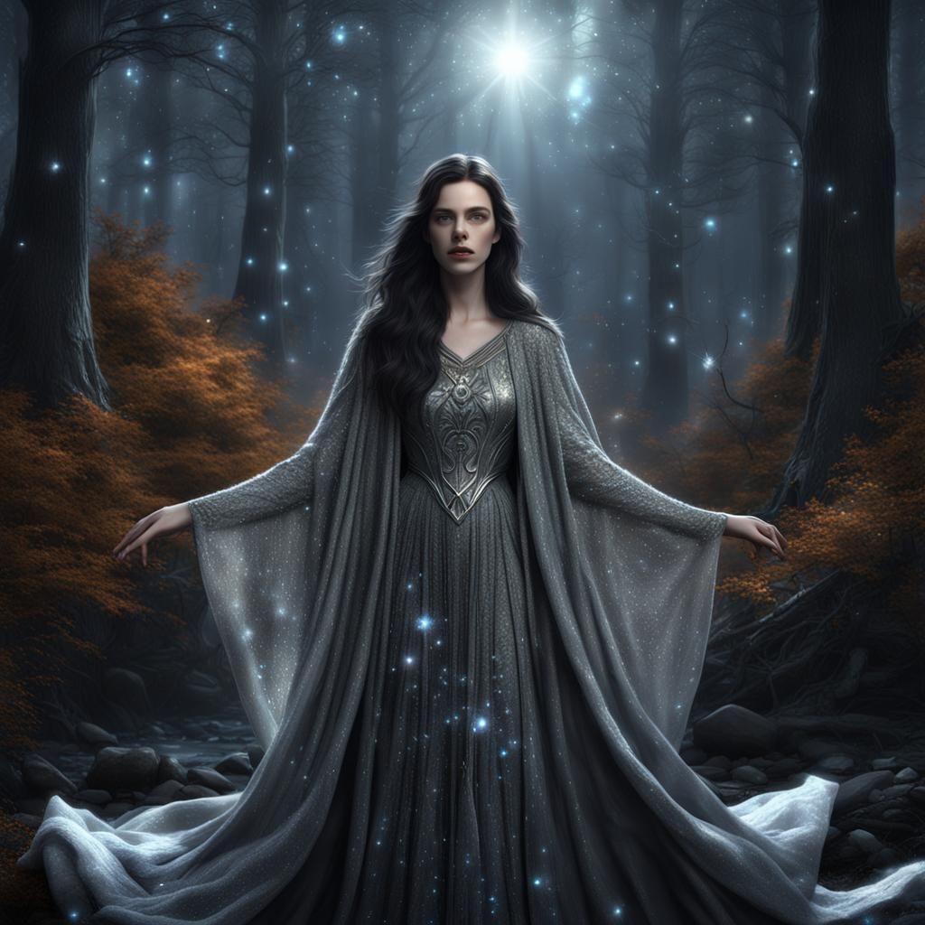 Woman in Star Cloak in Dark Forest, Digital Art