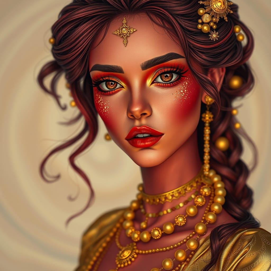 Rose-Skinned Woman with Golden Accents, Digital Art