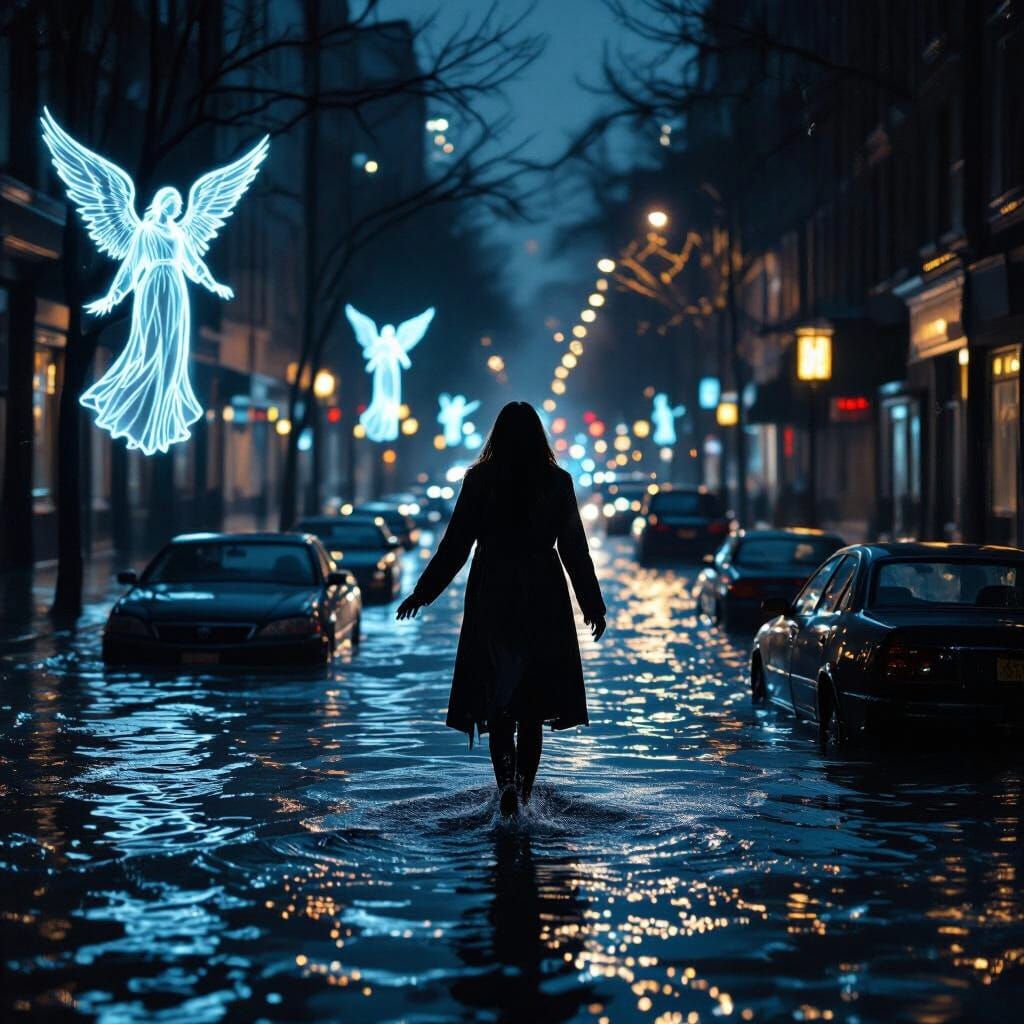 Woman Walks Uphill Through Night Floodwaters with Angelic Fi...