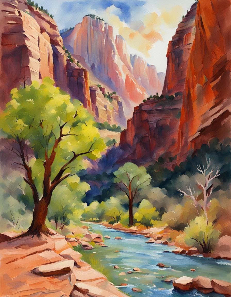 Zion National Park in Gouache Watercolor Style