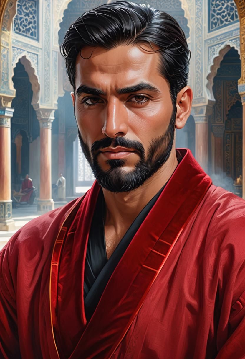 Arabian Man in Palace, Gouache Watercolor Impasto Portrait