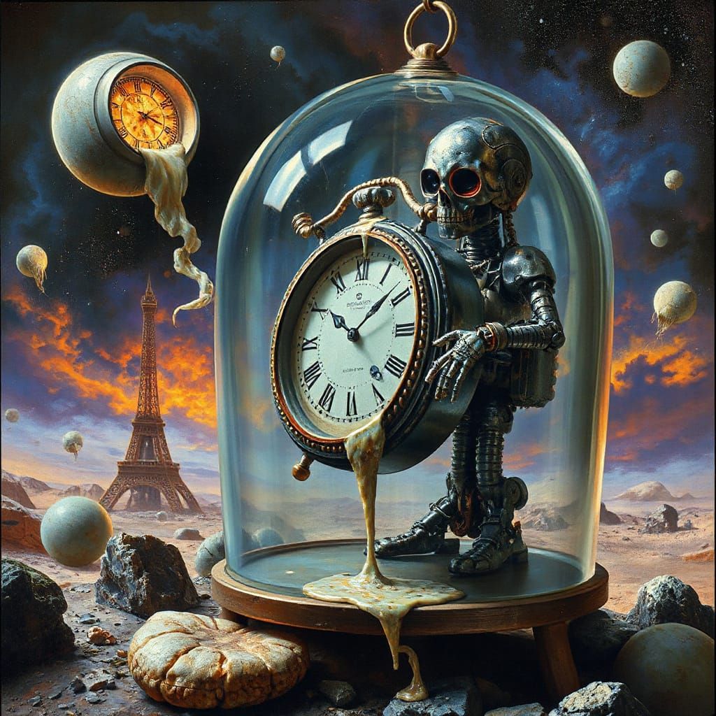 Surreal Steampunk Robot with Melting Clock as Oil Painting