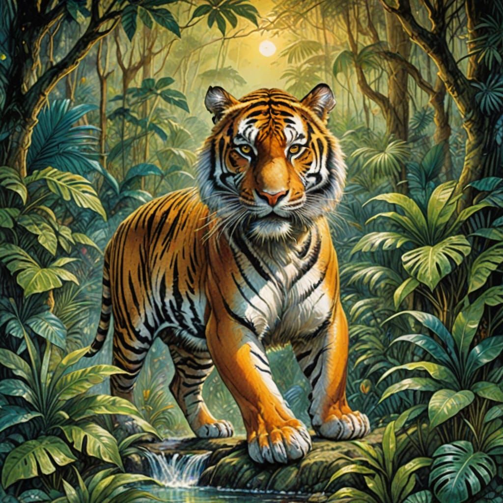 Majestic Bengal Tiger Stalks Tropical Jungle Twilight