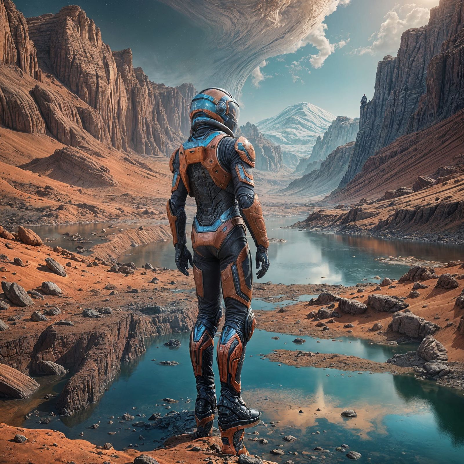 Boy on Terraformed Mars with River, Detailed Matte Painting