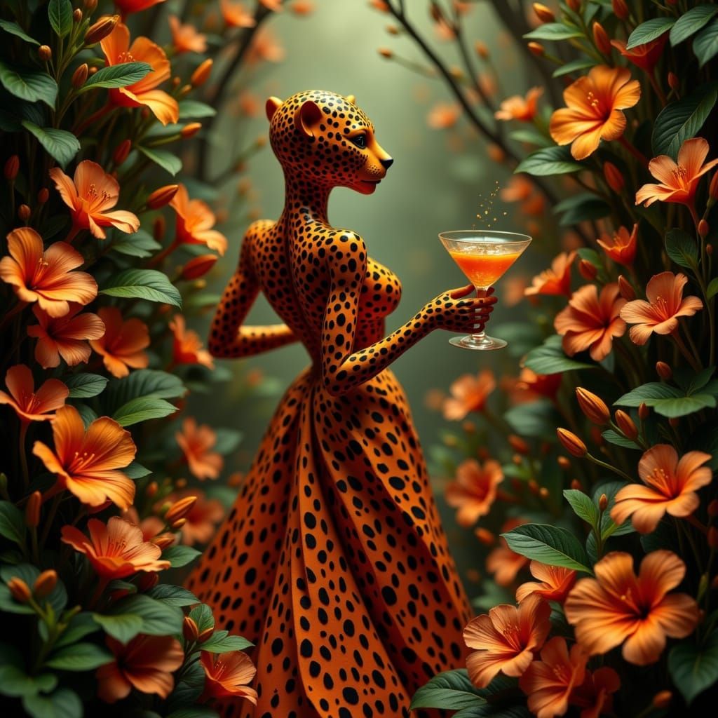 Leopard Humanoid in Elegant Dress, Impasto Diorama Style