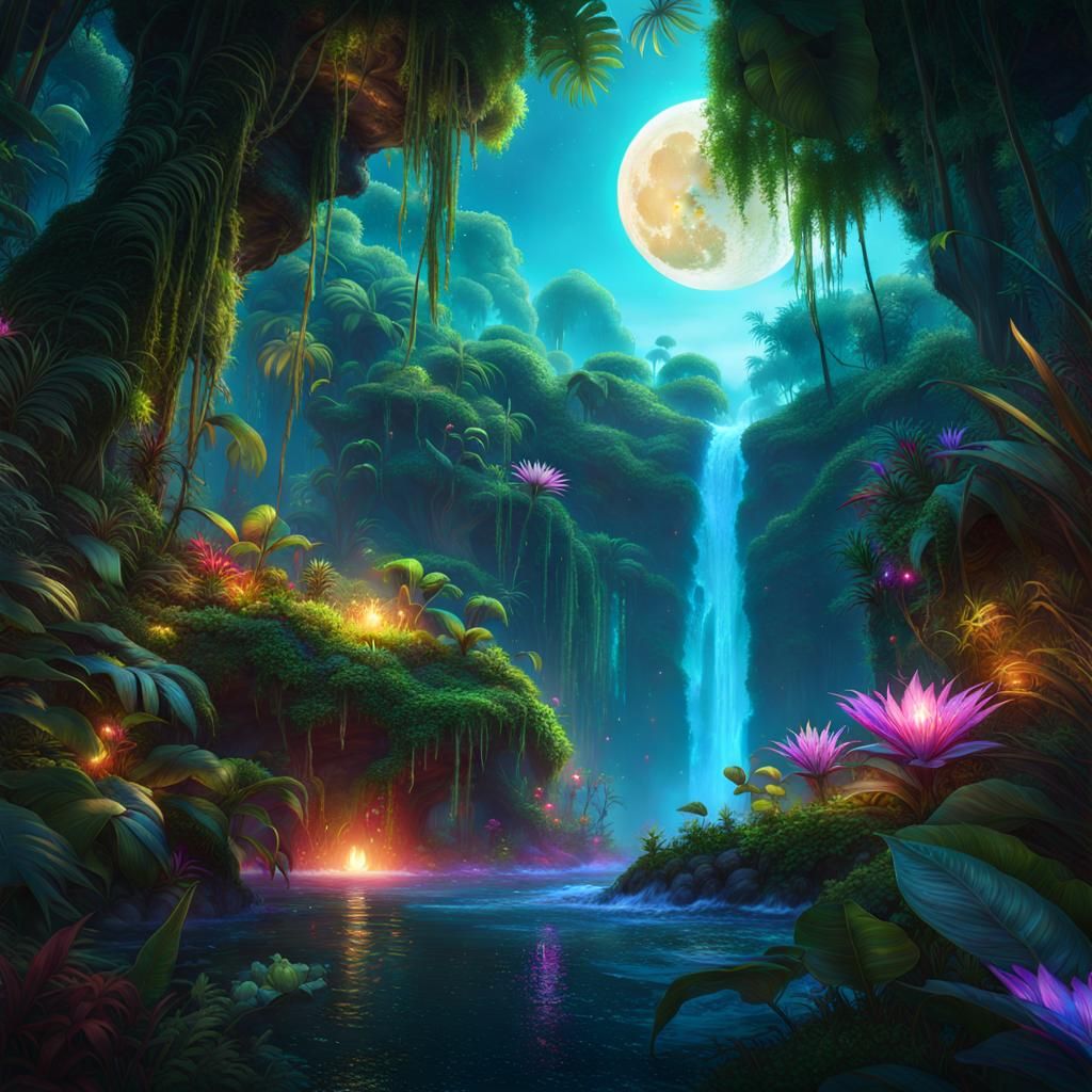 Lush Jungle with Moonbows: Fantasy Concept Art