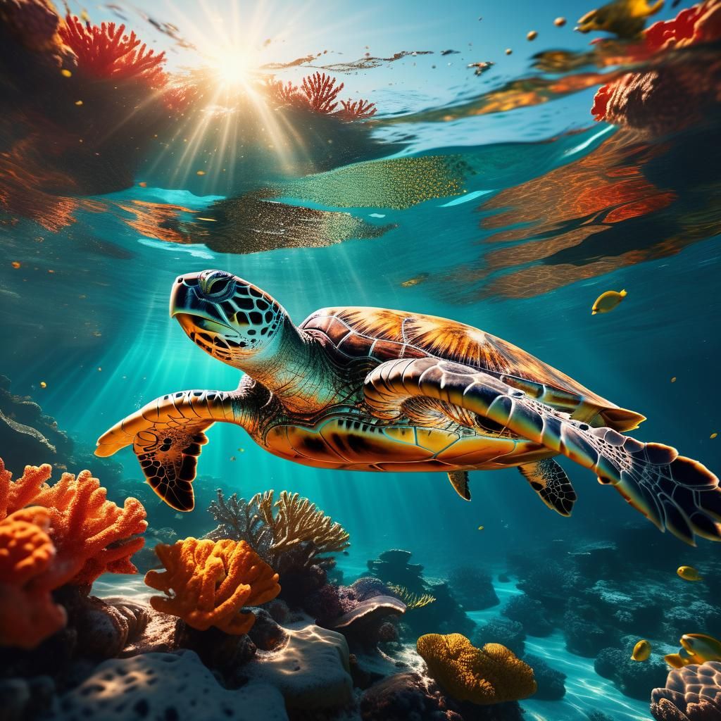 Sea Turtle Swimming in Coral Reef: Splash Art
