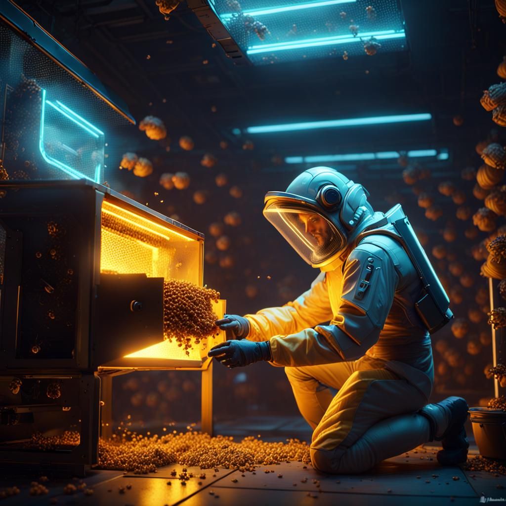 Futuristic Beekeeper with Nanobot Bees, Detailed Digital Art