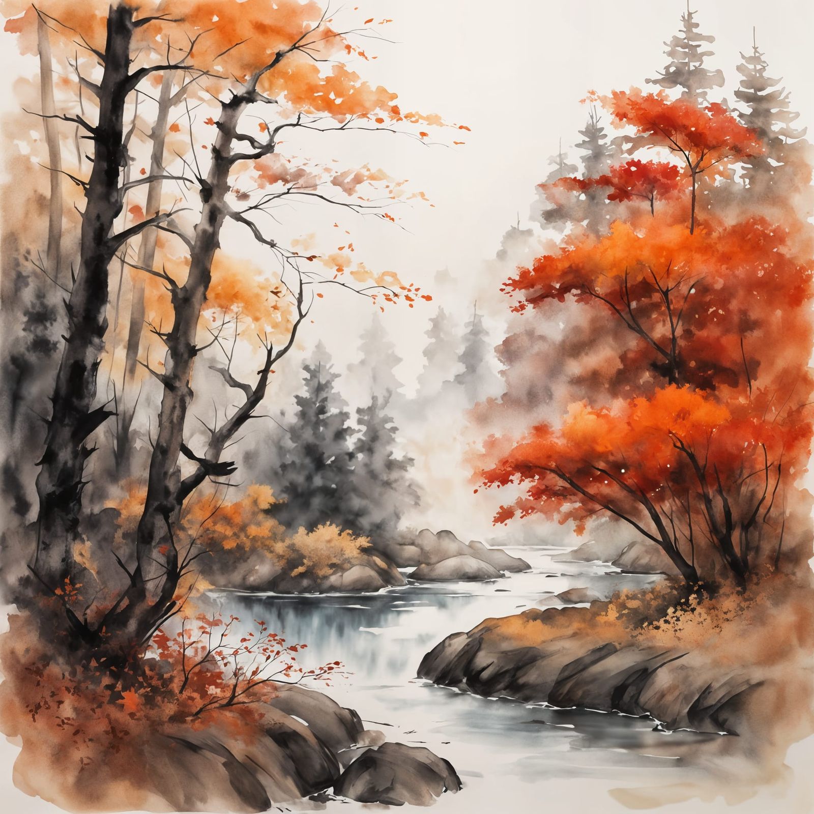 Serene Autumn Forest Landscape in Watercolor Style