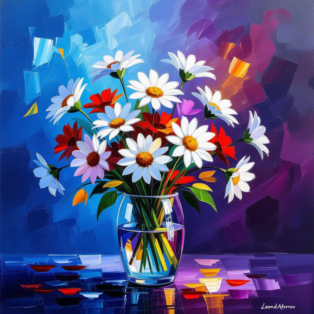 White Daisy Bouquet Impasto Painting in Afremov Style