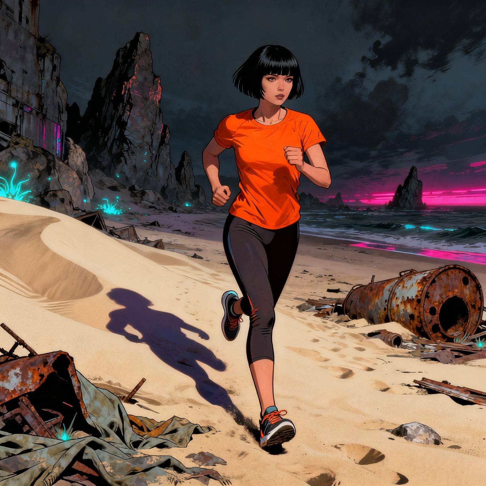 Cyberpunk Woman on Post-Apocalyptic Beach in Graphic Novel S...
