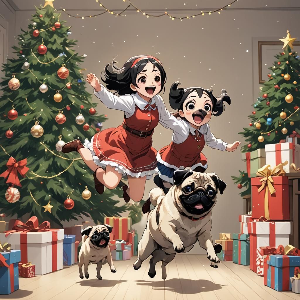 Girl and Pug in Anime Style