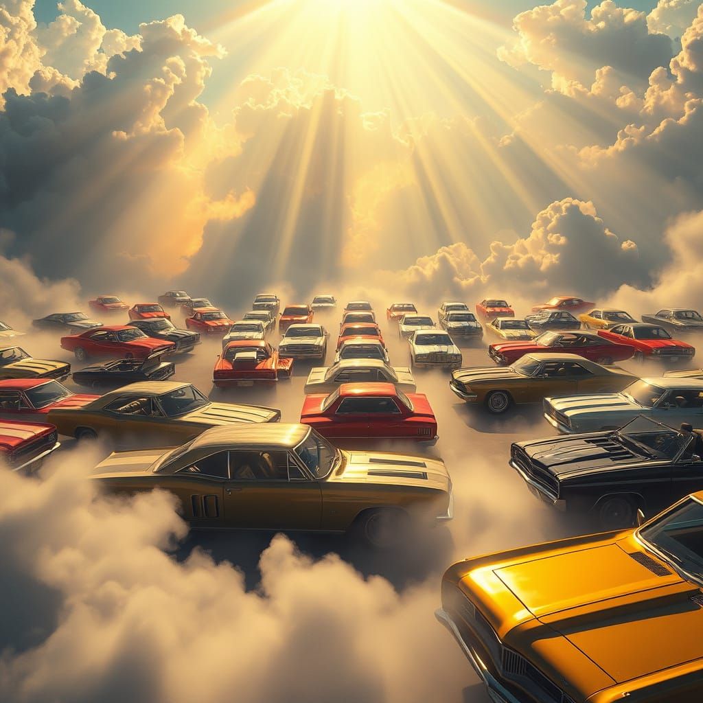 Divine Congregation of Classic Muscle Cars in Ethereal Light