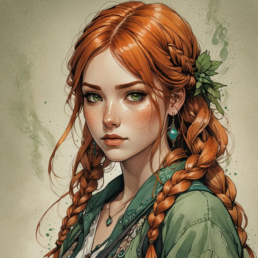 Redhead Girl with Braids in Pen and Watercolor Style