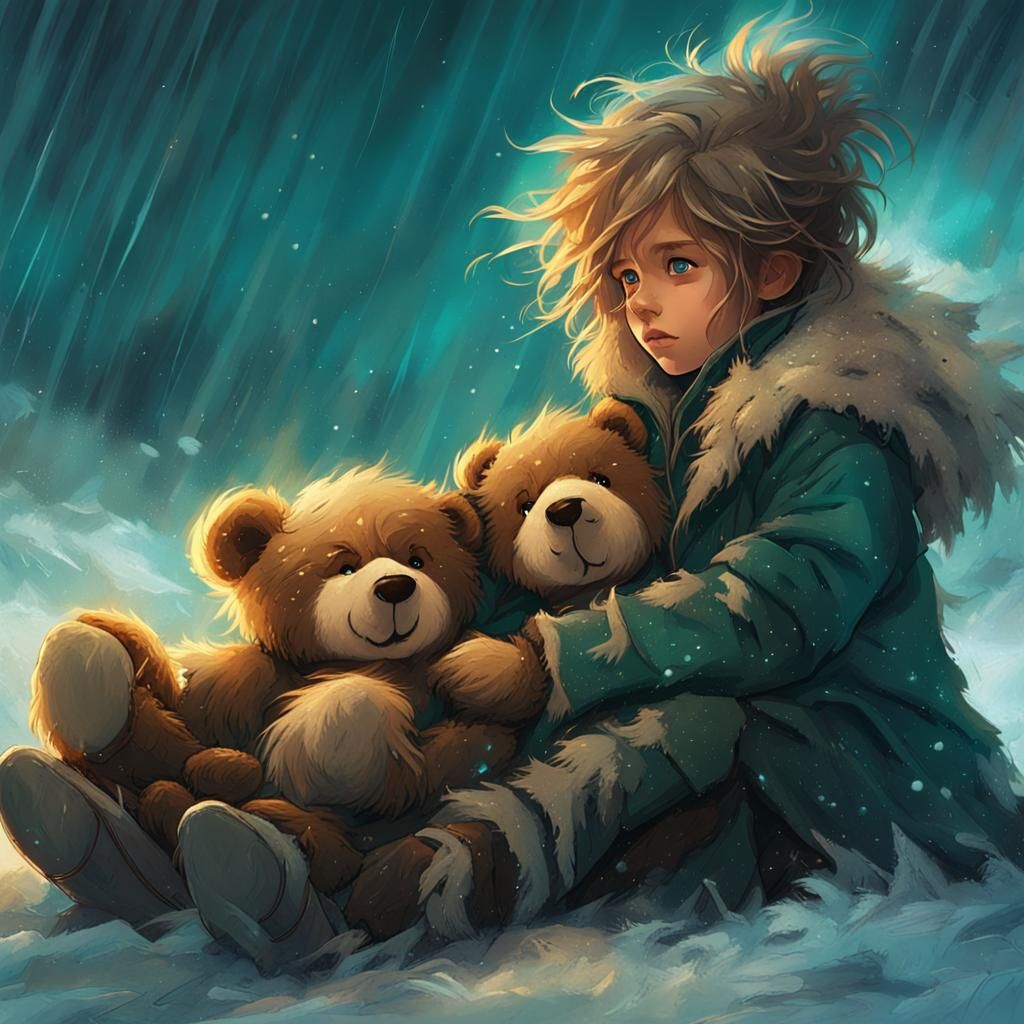Child in Storm with Teddy Bear: Fantasy Art